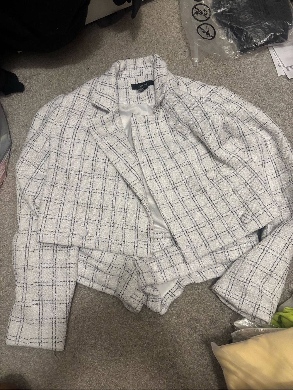 Cropped White Plaid Tweed Jacket - Women's